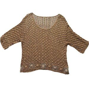 Crochet Top Cropped Brown 1/2 Sleeves Cottagecore Scoopneck Beach “M”